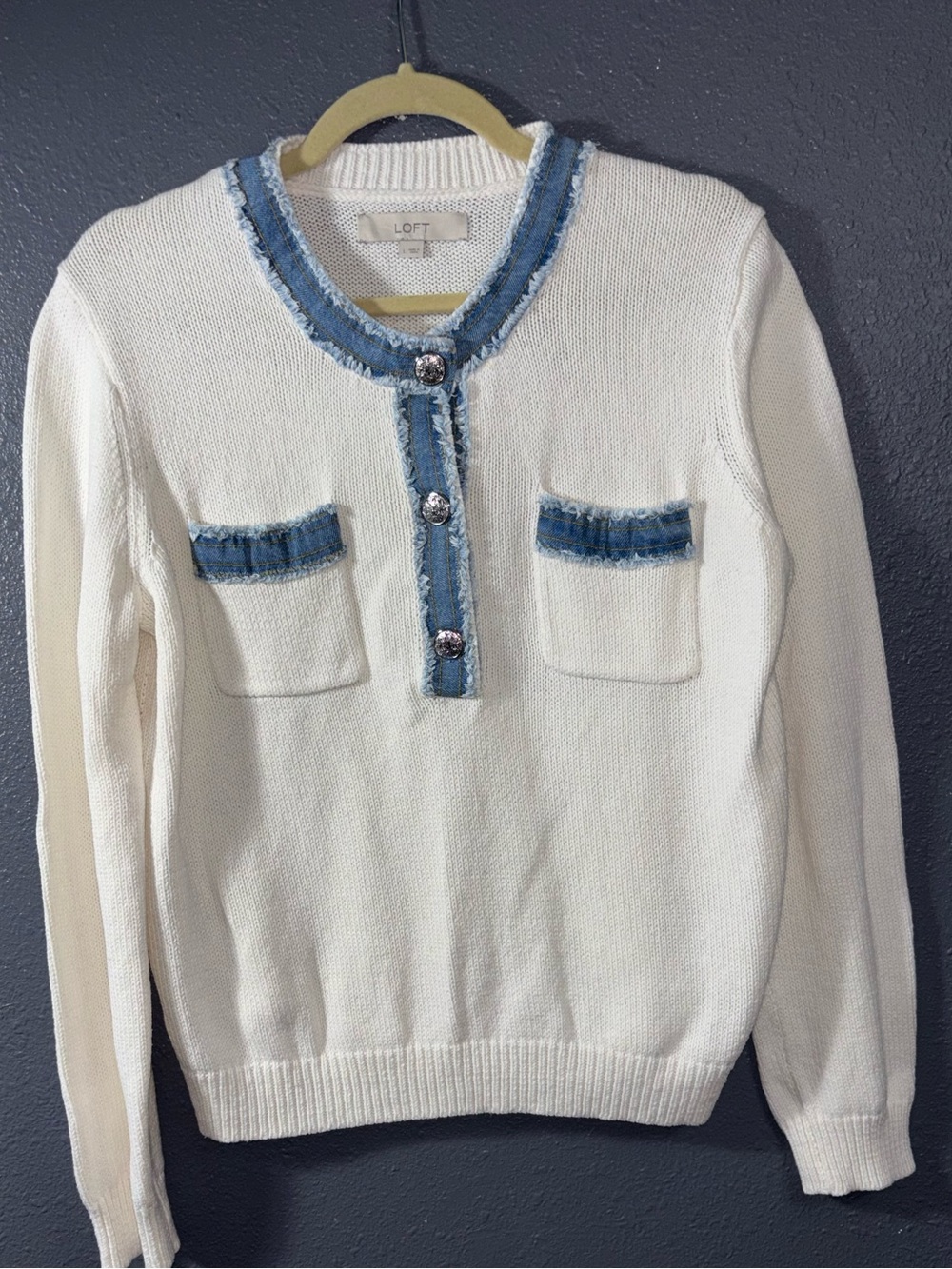 LOFT White Knit Top with Blue Denim Trim